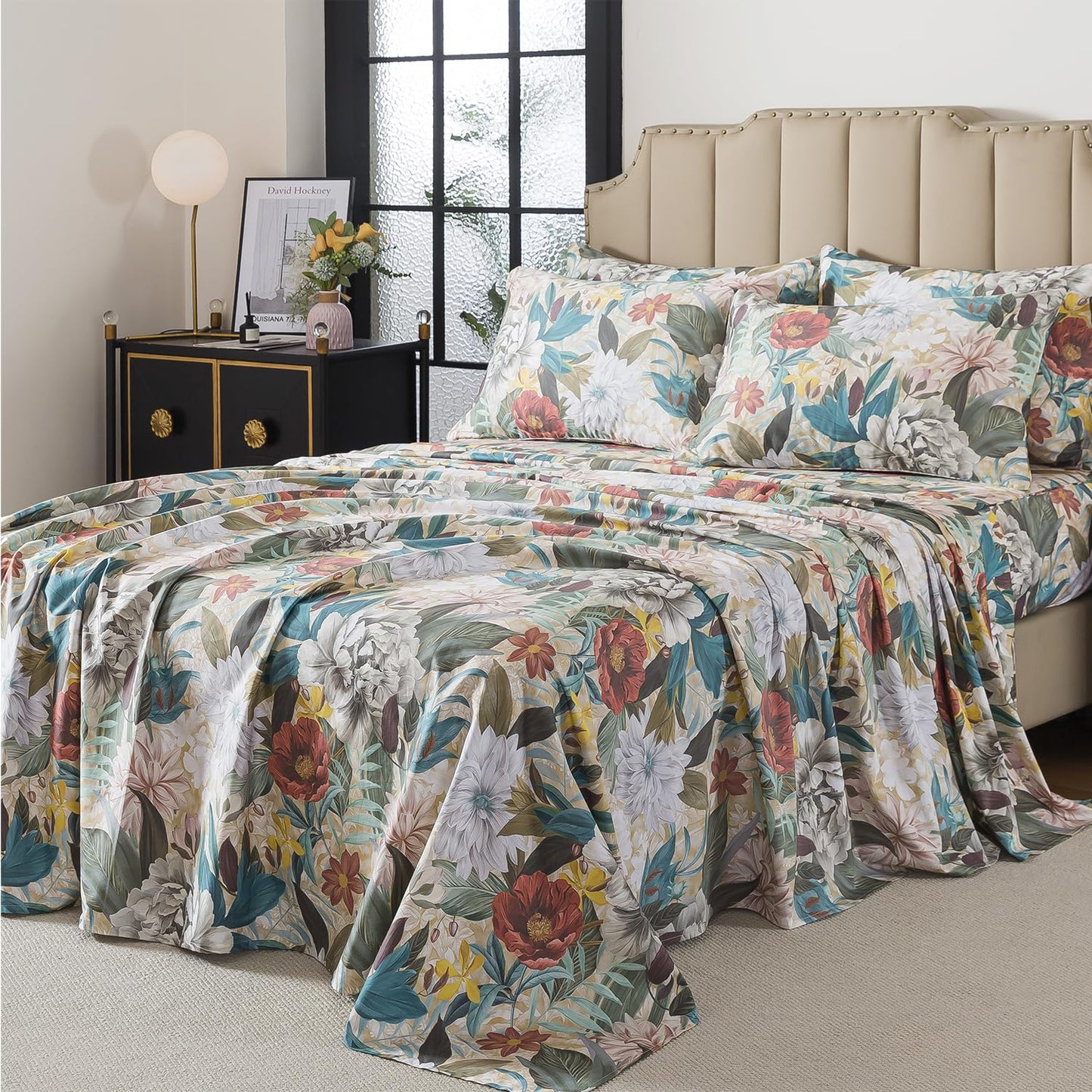 FADFAY California King Sheet Set, 100% Cotton Sateen Soft Breathable, Luxury Vintage Floral Bed Sheets, Deep Pocket Fitted Sheet, Classic Garden Style Bedding, 4 Pieces
