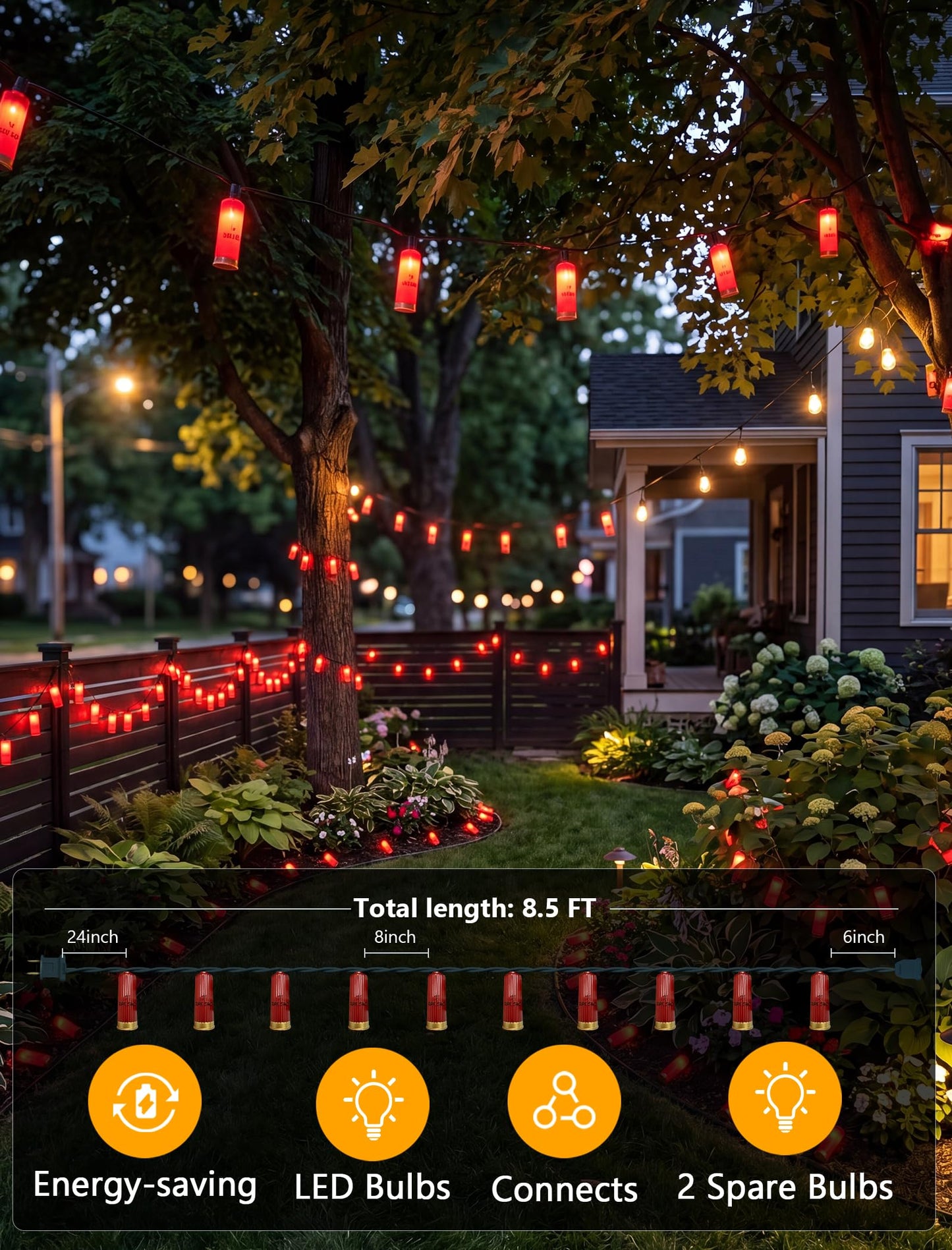 8.5Ft Red Shotgun Shell Christmas String Lights with 10 LED Bullet Shell Lights, Connectable Outdoor Military Style Bullet Light String for Christmas Garden Patio Party Tent Bar Decorations, Green