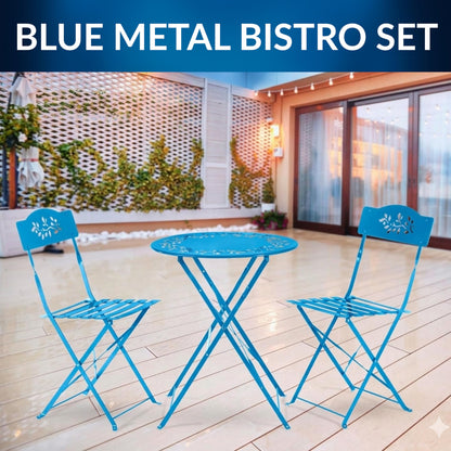Alpine Corporation 3-Piece Bistro Set with Folding Table and 2 Chairs, Durable Steel Indoor/Outdoor Patio Furniture, Compact Seating, Blue