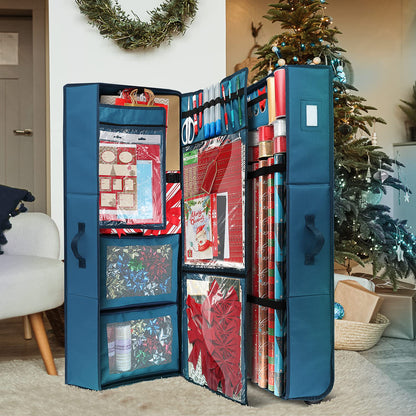 Hearth & Harbor Wrapping Paper Storage Container with Ribbon Dispenser and Interior Pockets - Large Christmas Storage Containers with Wheels, Fits 30 Rolls of 40" Length, Blue