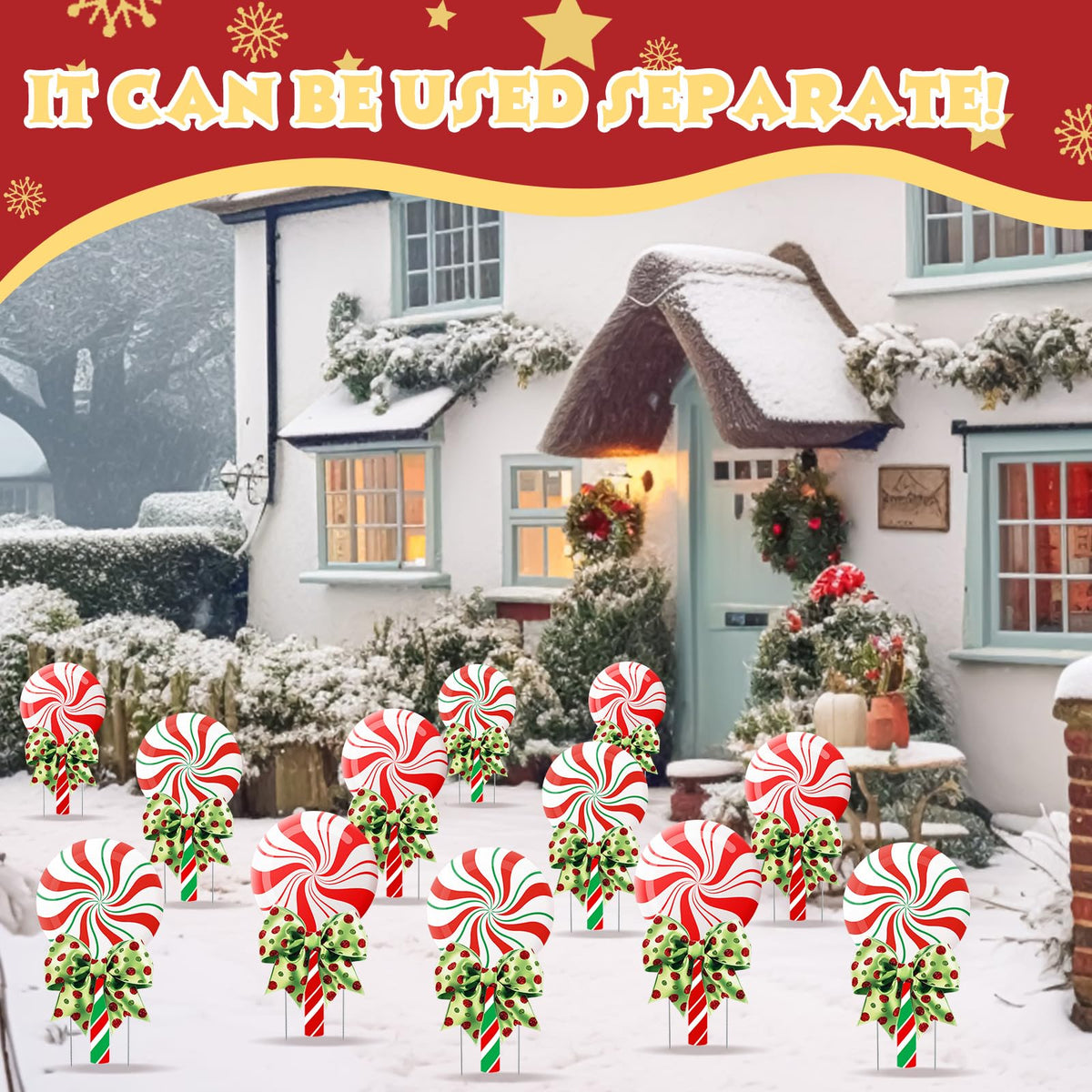 Meonum 4 Pcs Peppermint Candy Christmas Decorations Outdoor Large Christmas Yard Stakes Lime Green and Red Xmas Candy Garden Lawn Signs with Stakes and Bow for Home Pathway Walkway Party Decor(Red)