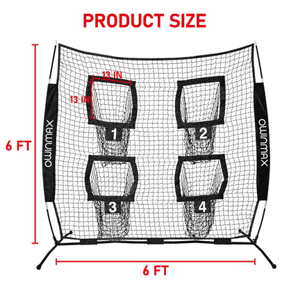 Owinmax 6x6 ft Football Trainer Throwing Net, Training Target Practice with 4 Targets, Includes Carry Bag and Ground Stake, Black and Red, Great for Kids and Youth