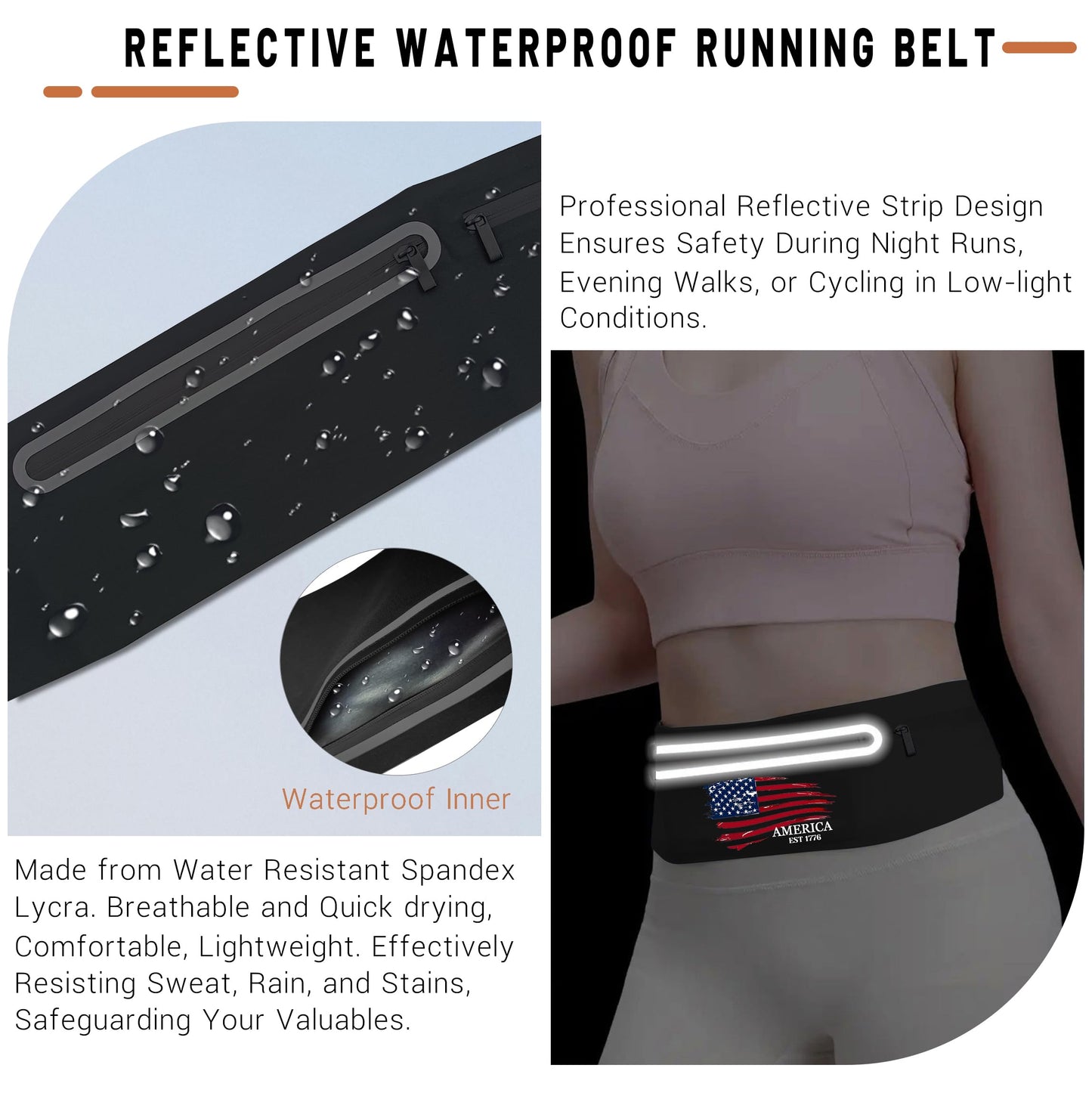 American Flag Slim Running Belt Waist Pack Bag,Black Jogging Fanny Packs for women Moisture Wicking Sports Belt Bag Adjustable,Lightweight Reflective Workout Pouch Phone Holder for Men USA Flag 1776