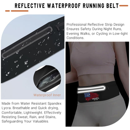 American Flag Slim Running Belt Waist Pack Bag,Black Jogging Fanny Packs for women Moisture Wicking Sports Belt Bag Adjustable,Lightweight Reflective Workout Pouch Phone Holder for Men USA Flag 1776