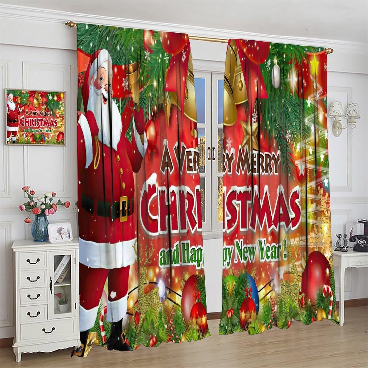 ICMOLYYENLO Christmas Blackout Curtains Merry Christmas Balloon Tree Snowflake Santa Claus Gift Pattern Printed Curtains Suitable for Bedroom Living Room Decoration 42x45 Inches