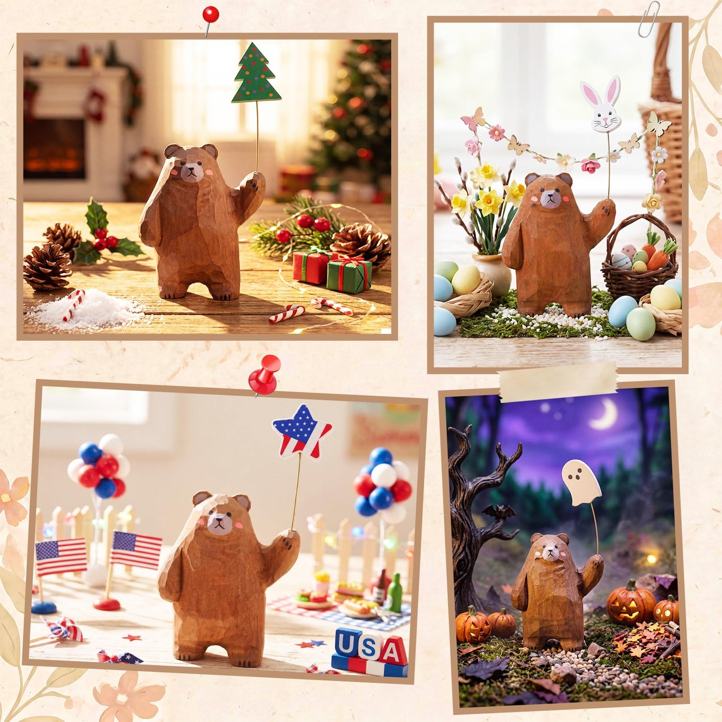 Novabright 13 Pcs Interchangeable Seasonal Tabletop Sign 4th of July Wooden Brown Bear Decor Mini Standing Signs Farmhouse Convertible Holiday Wood Welcome Sign for Summer Independence Day Table Decor