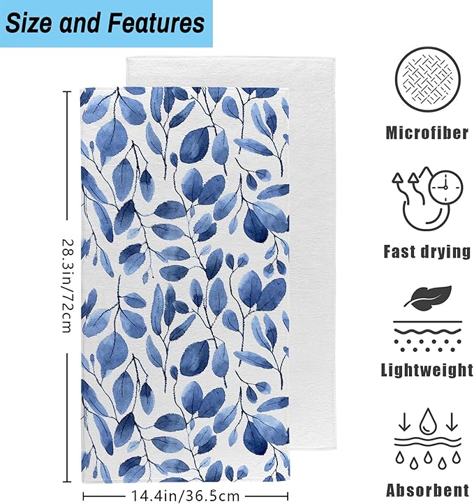 Blue Eucalyptus Leaves Bathroom Hand Towel Set of 2, Watercolor Botanical Plant