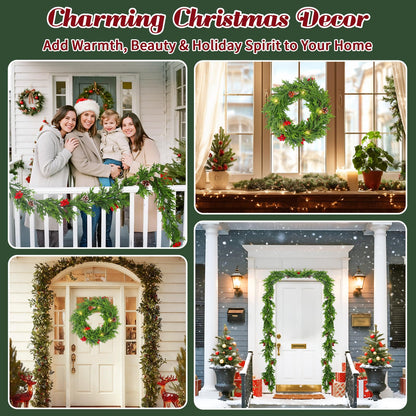 6FT Prelit Christmas Garland with Lights, Realistic Cedar Garland with Red Berries Pine Cone Artificial Real Touch Greenery Lighted Xmas Garland for Mantle Stair Railing Fireplace Decorations