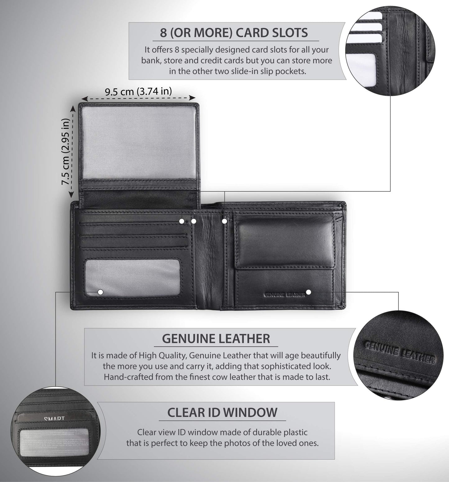 KORUMA RFID Wallet for Men, Black Leather Mens Wallets for up to 11 Cards, Coin Pocket, ID Window, Removable Credit Card Holder, Gifts for Him