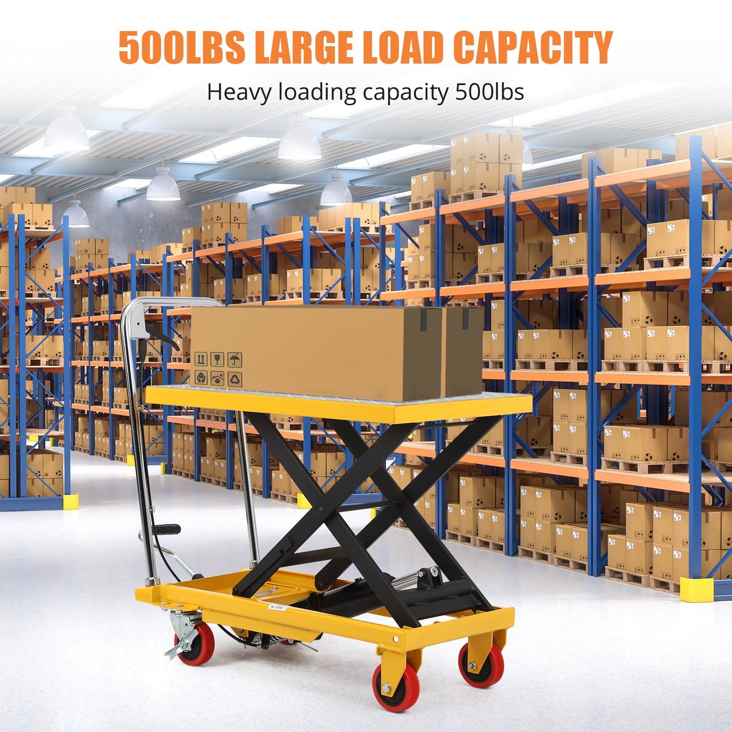 Heavy Duty Hydraulic Lift Table Cart for Stairs – 500 lbs Capacity, Single Scissor Manual Lifting, 28.5" Max Height, Non-Slip Platform, 4 Wheels for Safe Material Handling and Transportation