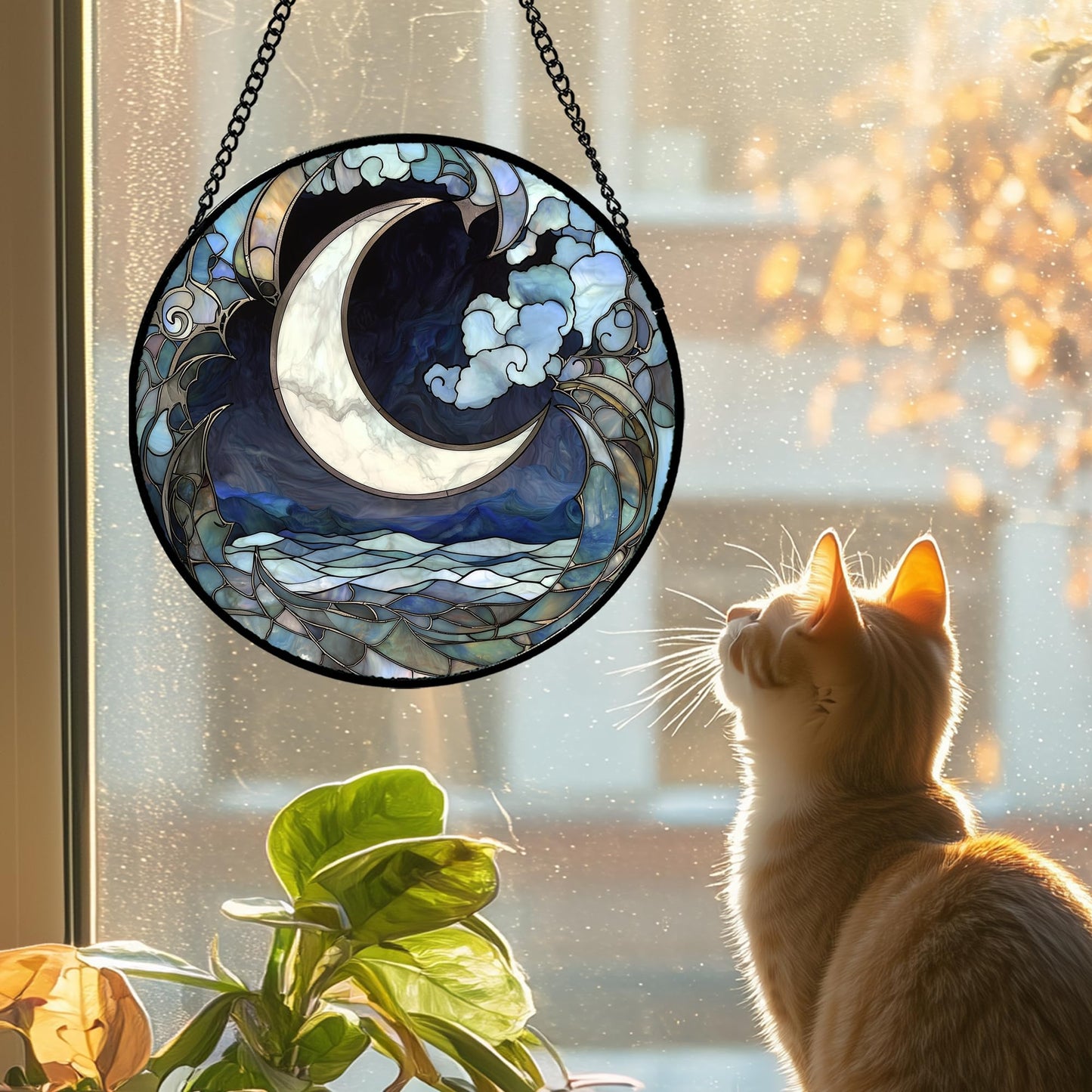 JOSUMALY Stained Glass Window Hanging - Abstract Sea of Clouds Moon Sun Catcher for Door Terrace Garden Home Decor, Gray Blue Suncatcher Birthday Gifts for Lovers Women Men Dad Mom Nana 11.8 in