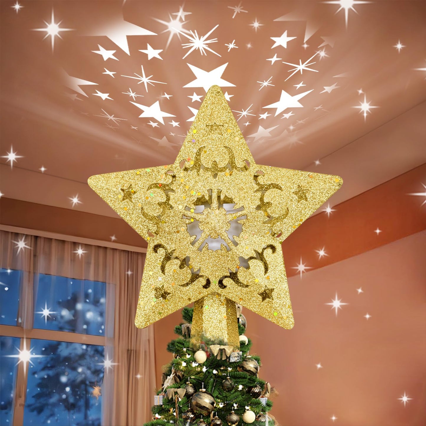 Christmas Star Tree Topper with Rotating LED Projector Lights, 3D Gold Glitter 5-Point Star, Plug-in Tree Top Ornament for Indoor Christmas Tree Decorations Holiday Decor