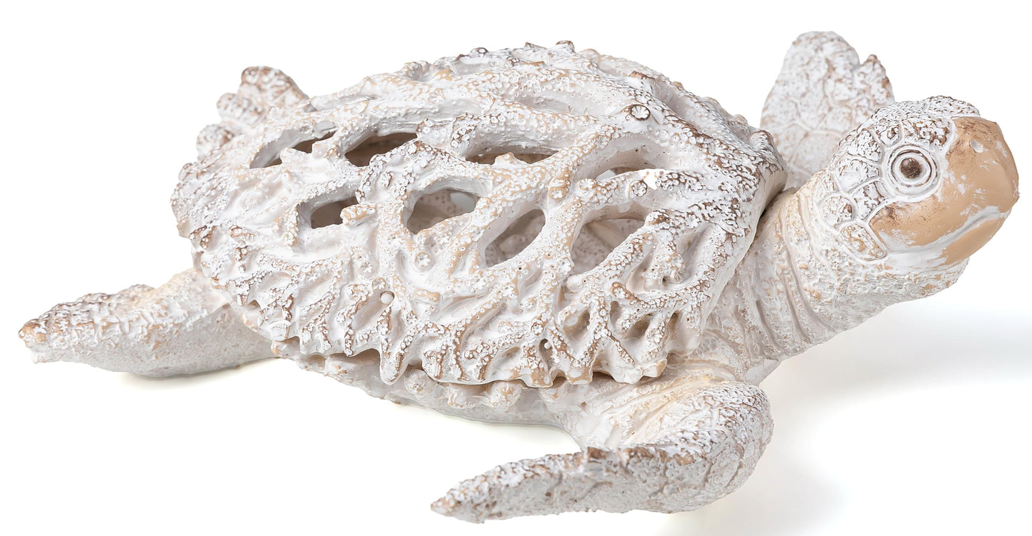 VVGIFTS Ocean Decor White Sea Turtle Coral Reef Home Office Decor Sculpture Beach Coastal Tabletop Shelf Collection (White)