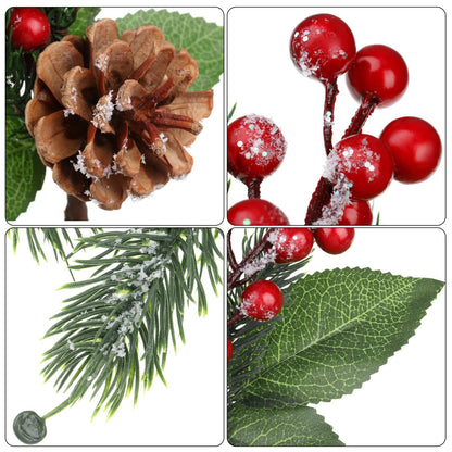 Boao 12 Pcs 11'' Large Christmas Pine Picks Tree Decoration Red Berry Picks and Sprays with Cone Artificial Fake Branches Snowy Floral Flower Holly Pine for Tree Crafts Decor Faux Stem