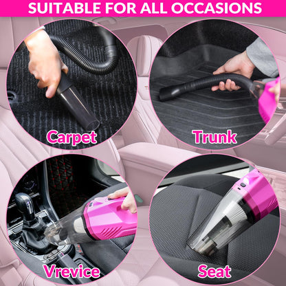 ThinkLearn Car Cleaning Kit, Car Vacuum Detailing Kit Interior with High Power Handheld Vacuum, Including 7Pcs Detailing Brush Set, Windshield Cleaner, Pink Car Accessories for Women