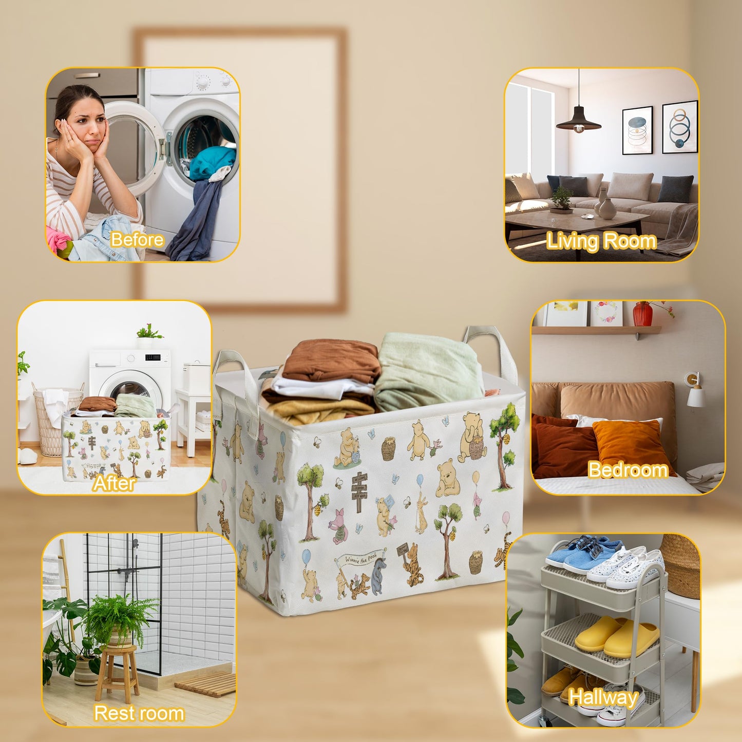 ZsaTuiy Winnie Storage Nursery Basket,Large squarecanvas Laundry Hamper WithWinnie baby Stuff A Waterproof PECoating, Foldable, Bathroom and Bedroom SetClothes ,Toys Bin, Baby Nursery HamperDecor