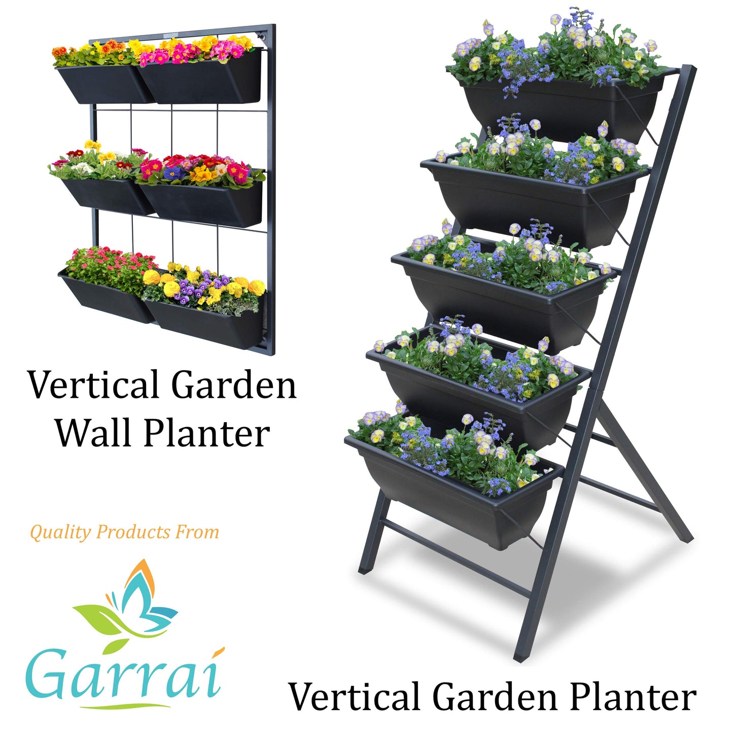 Garraí Vertical Garden Wall Planter. Ideal Indoor or Outdoor Container Gardening. Includes 6 Removable Pots and Wall Mounted Metal Frame. Self Draining Garden for Vegetables, Flowers or Herbs.