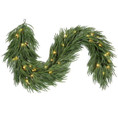 9ft Artificial Christmas Garland with Lights, Real Touch Norfolk Pine Garland - Pine Garlands, Prelit Green Christmas Garland for Mantle, Table, Fireplace, Indoor, Outdoor Christmas Decorations