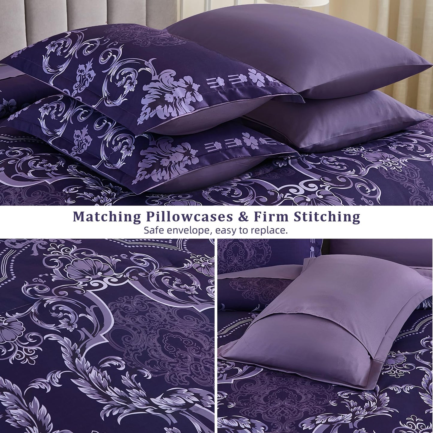 Mybedsoul 7 Pieces Dark Purple Comforter Set King Size, Damask Bed in a Bag for King Bed, Lightweight Microfiber Boho Bedding Sets with Comforter, Sheet, Pillowcases & Shams for All Season(90"x104")