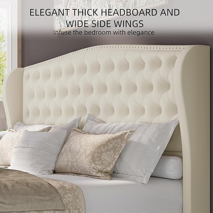BRELTAM Upholstered King Size Bed Frame Velvet Beige Tufted Platform Bed Frame
