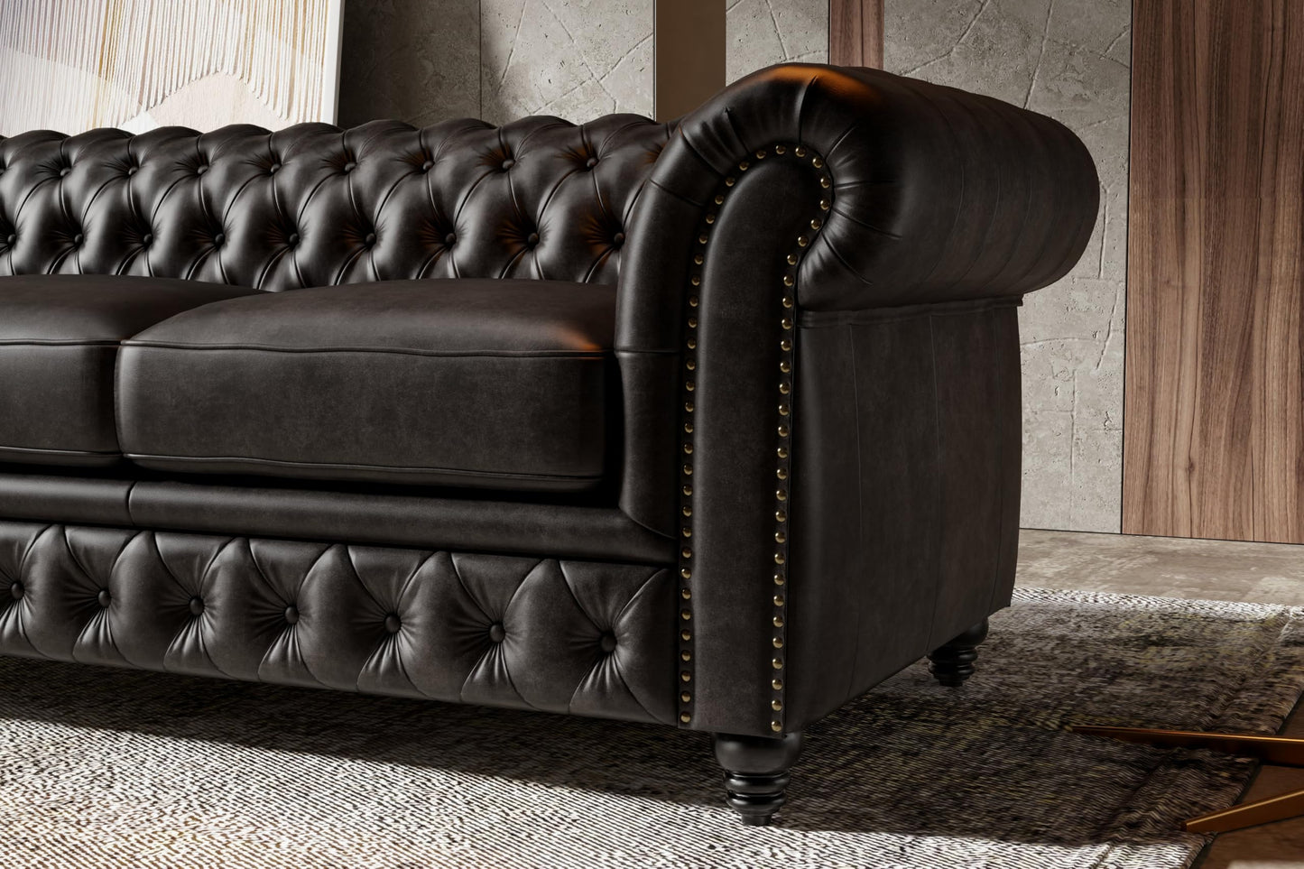 Valencia Parma Chesterfield Loveseat 64" | Premium Leather | Mid-Century Accent Chair with Classic Button Tufted Back and Wood Legs for Living Room, Black
