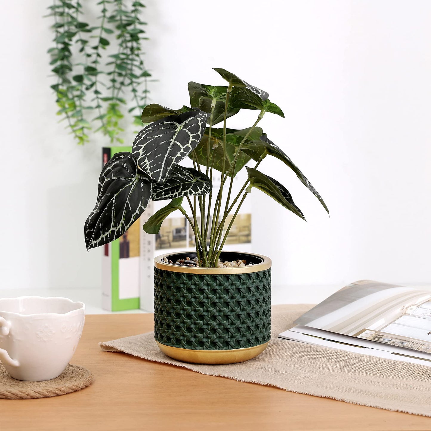 Ten-stone 6&4.4 Inch Cement Planter Decorative Pots with Drainage Hole for All House Plants, Succulents, Flowers, and Cactus (Gold Green)