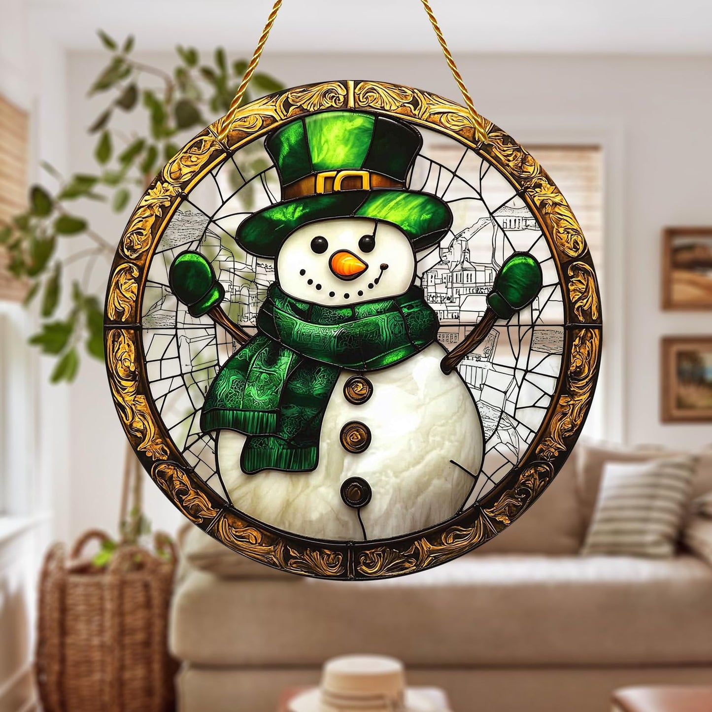 8x8 inch Charming Christmas Snowman Acrylic Stained Glass Window Hanging Sun Catcher Decor Stained Panel Hangings Wall Art Decor, for Friends and Family (Snowman)