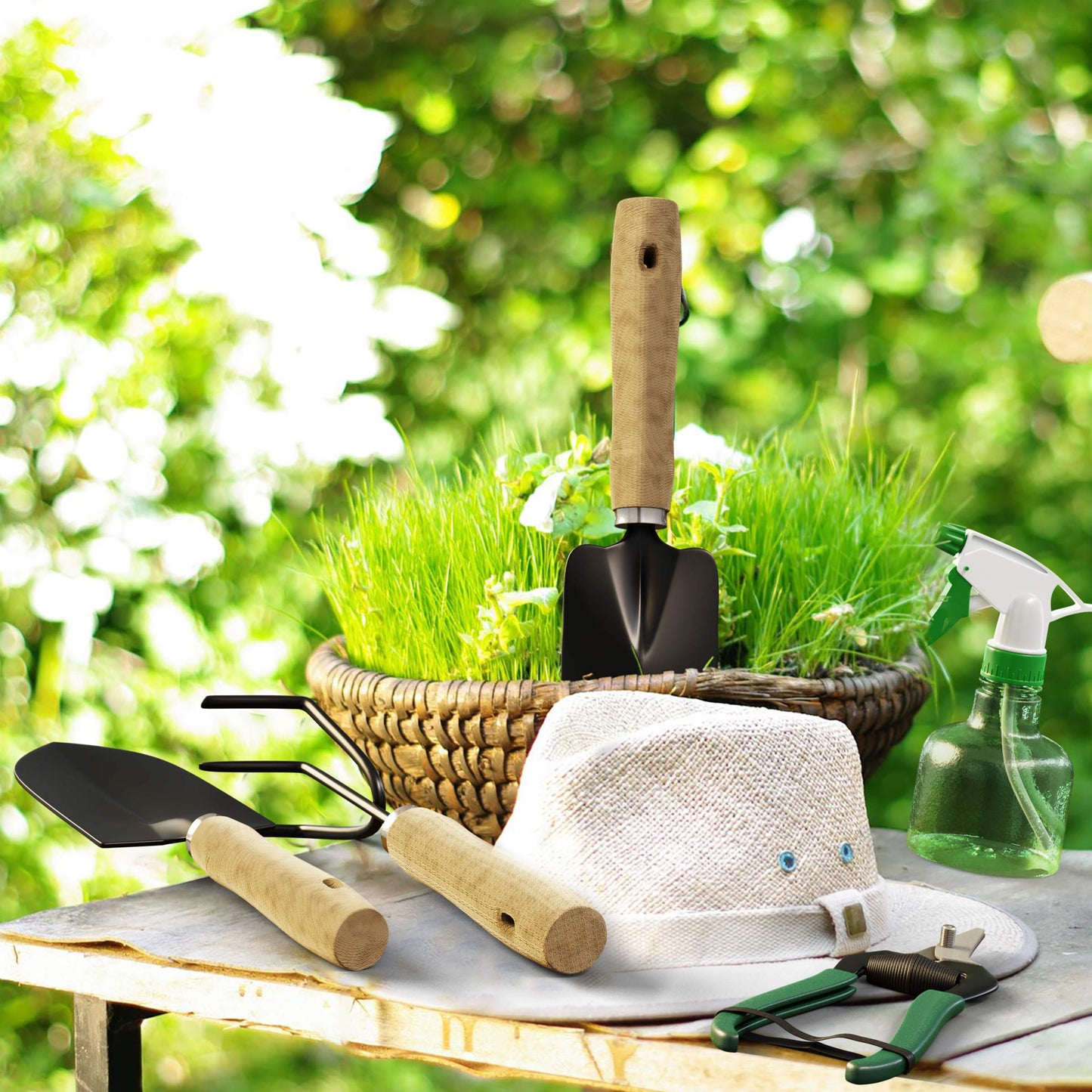 Pure Garden 8-Piece Garden Hand Tool Set - Canvas Tote Gardening Tool Kit with Snip, Pruner, Rake, Trowel, Shovel, Spray Bottle, and Soft Wire Tie