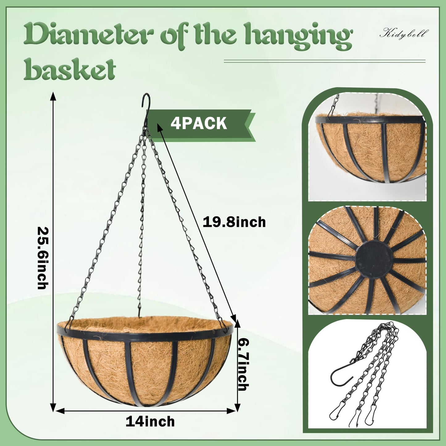 KIDYBELL 4 Pack 14 Inch Round Hanging Basket with Coco Liners， Metal Hanging Baskets for Plants Outdoor， Hanging Planter with Chain Garden Products for Outdoor, Porch, Lawn, Garden