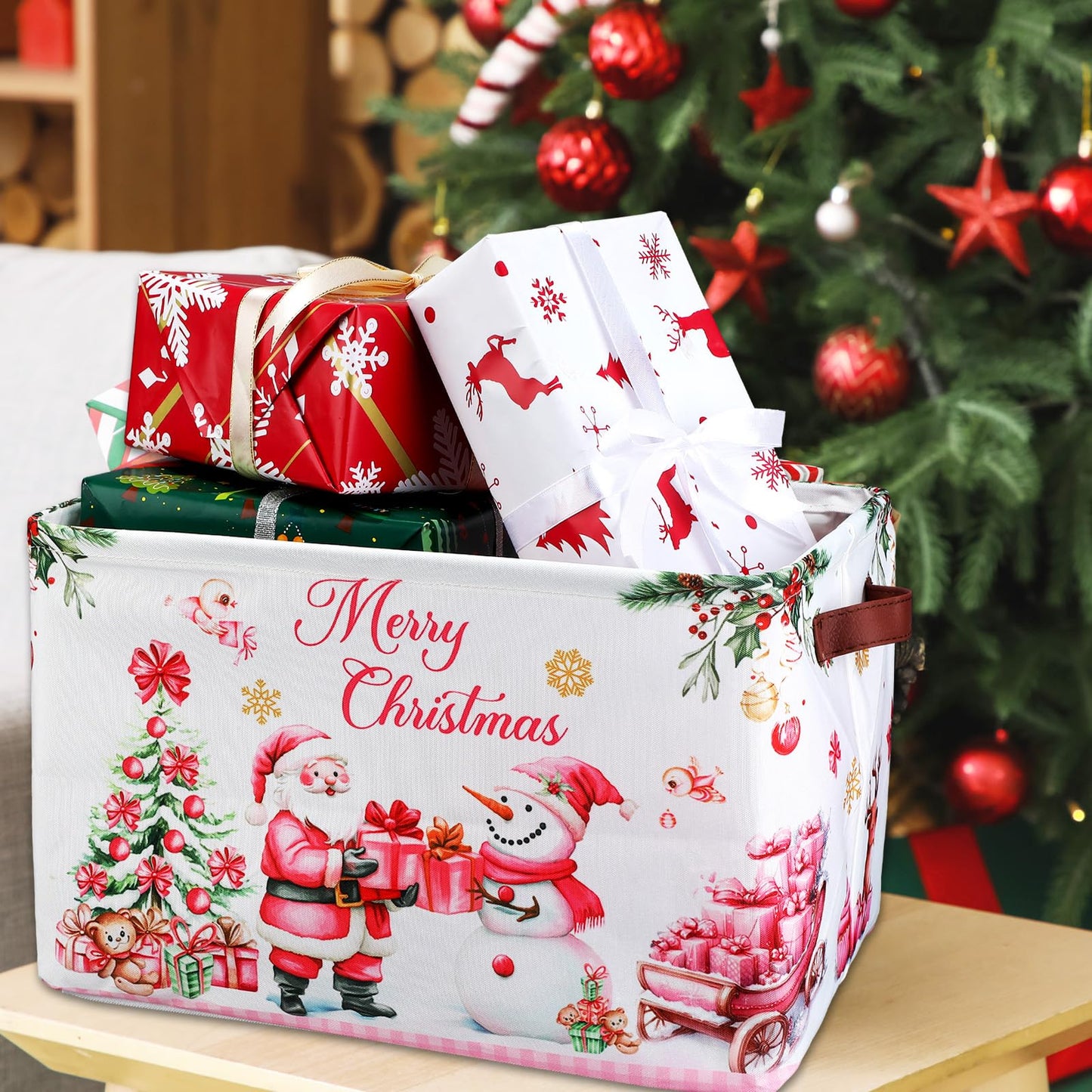 Geelin 4 Pcs Large Christmas Basket for Gifts Empty 15 x 11 x 9.5 Inch Xmas Storage Basket with Handles Collapsible Storage Bin Rectangle Laundry Organizer for Office Home Bedroom Cloth Toy(Pink)