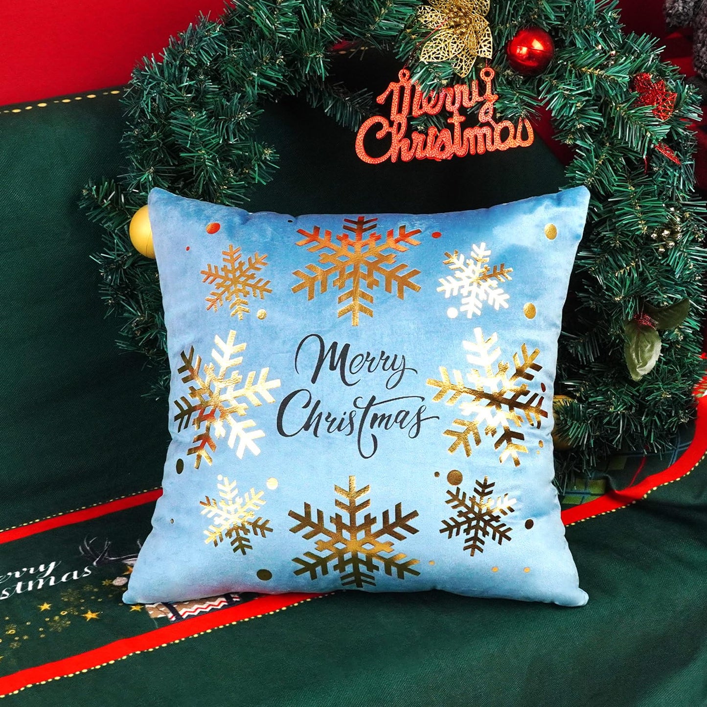 ONWAY Blue Gold White Christmas Decorations Throw Pillow Covers 18x18 Set of 4 Snowflakes Reindeer Decorative Cushion Cases Xmas Golden Decor for Couch Sofa Bedroom