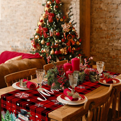 pinata Christmas Table Runner, Christmas Runner for Table 72 Inches, Xmas Snowman Red Buffalo Plaid Runners for Home Dining Kitchen Decor