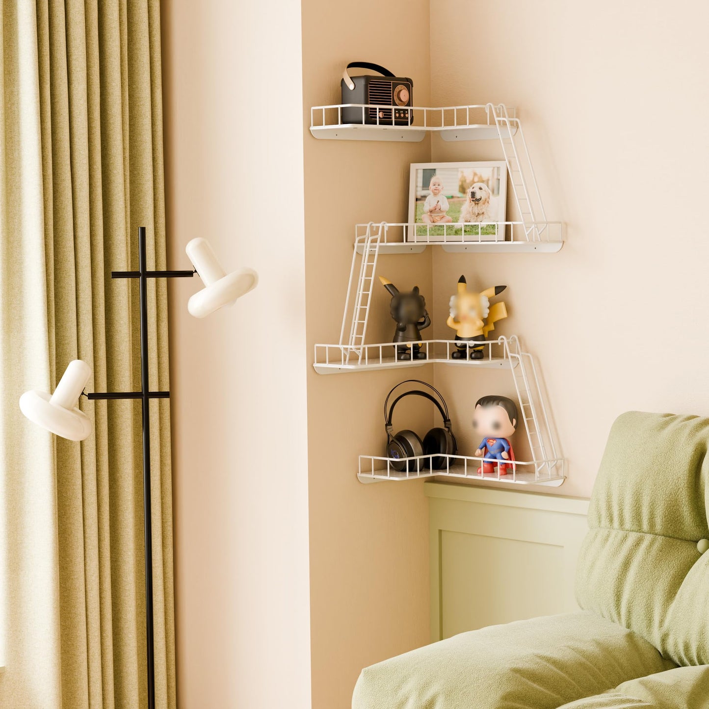 WOPITMER Fire Escape Wall Shelf - Modern City Style 4-Tier Corner Wall Shelves, Easy to Install Metal Ladder Shelf for Figures, New York Decorative Shelves for Bathroom, Living Room & Home Decor,White