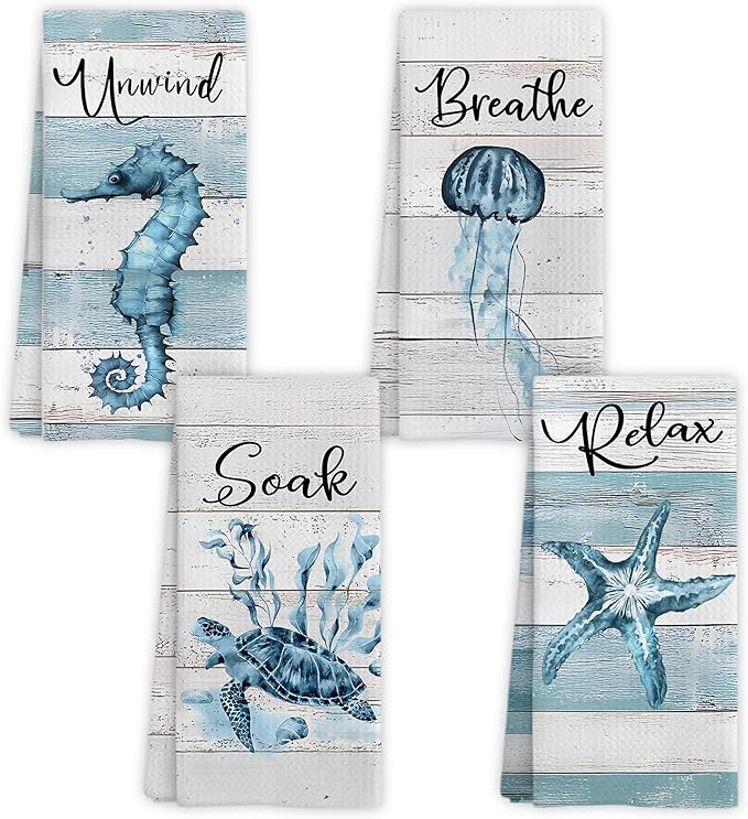 Rustic Coastal Beach Hand Towels, Sea Horse Jellyfish Turtle Starfish Unwind