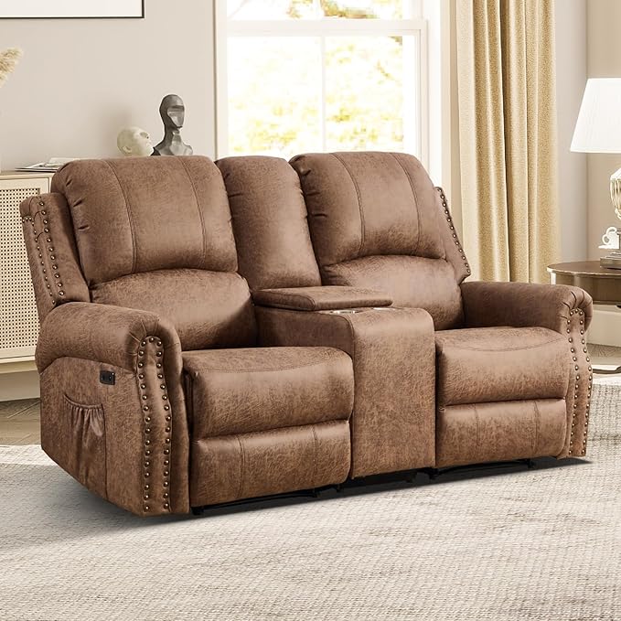 EBELLO Power Reclining Loveseat, Faux Leather Double Recliner Sofa