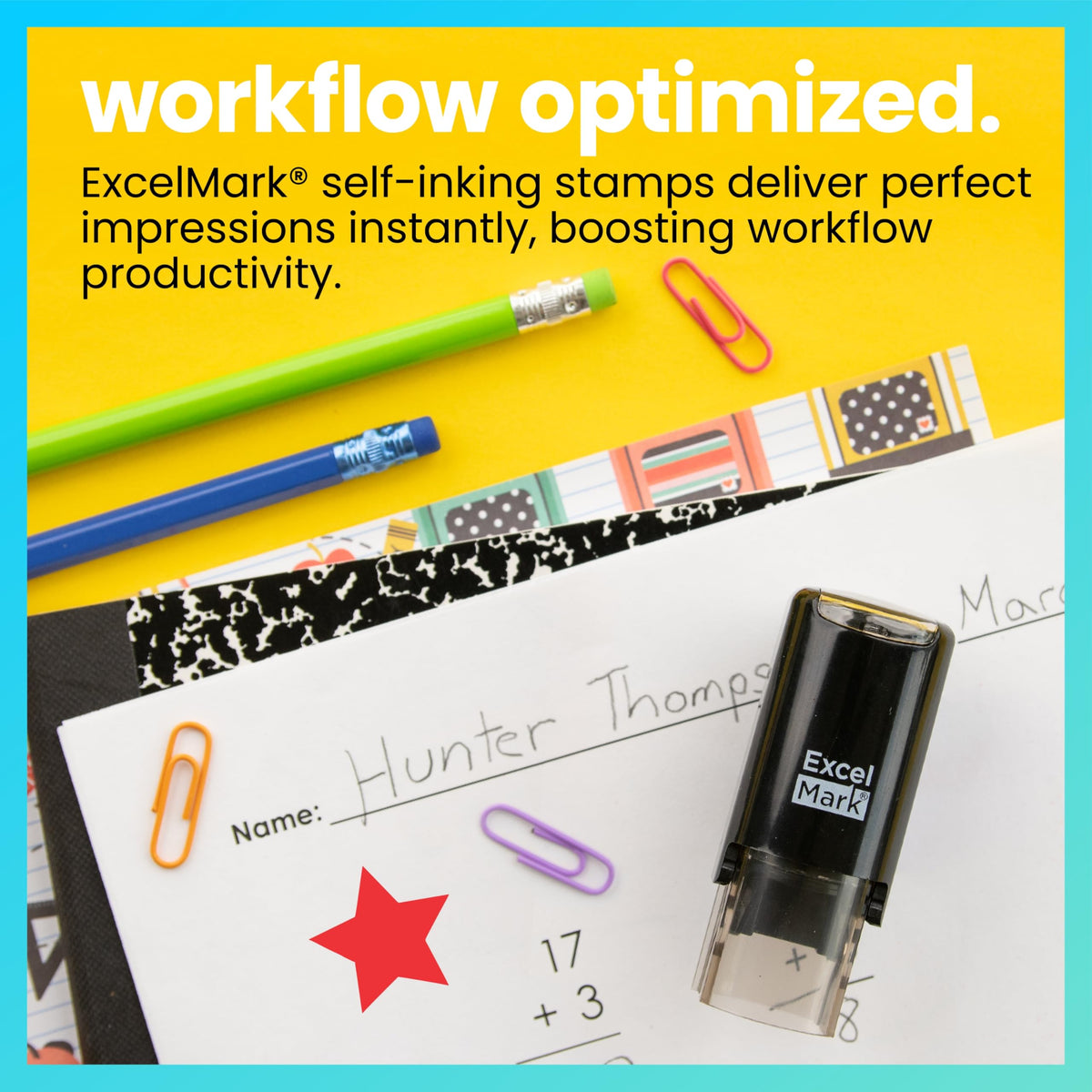 ExcelMark Round Teacher Stamp - Solid Star - RED Ink