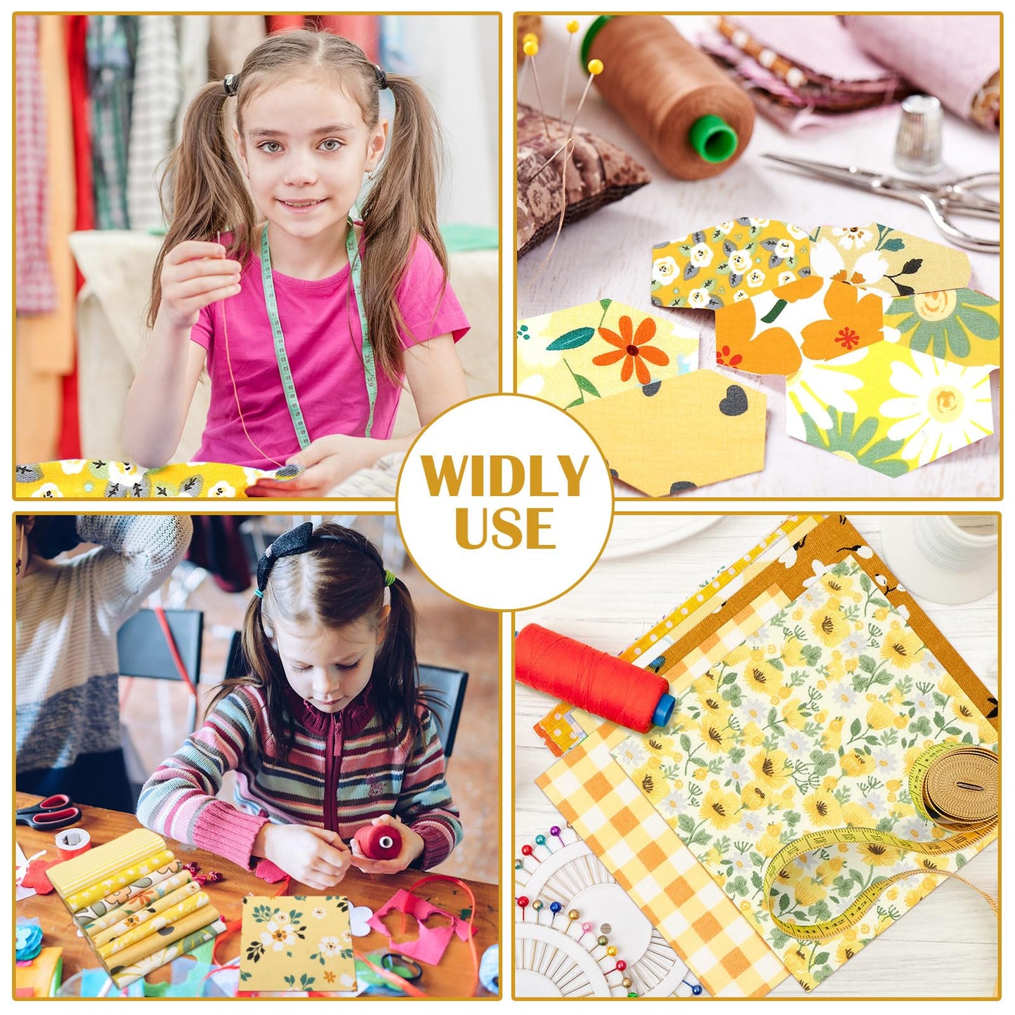 Kinlop 600 Pcs 4 x 4 Inch Cotton Fabric Square Christmas Precut Quilting Patchwork Fabric Bundles Printed Floral Holiday Sewing Materials for DIY Craft Gifts Quilting Projects(Yellow)