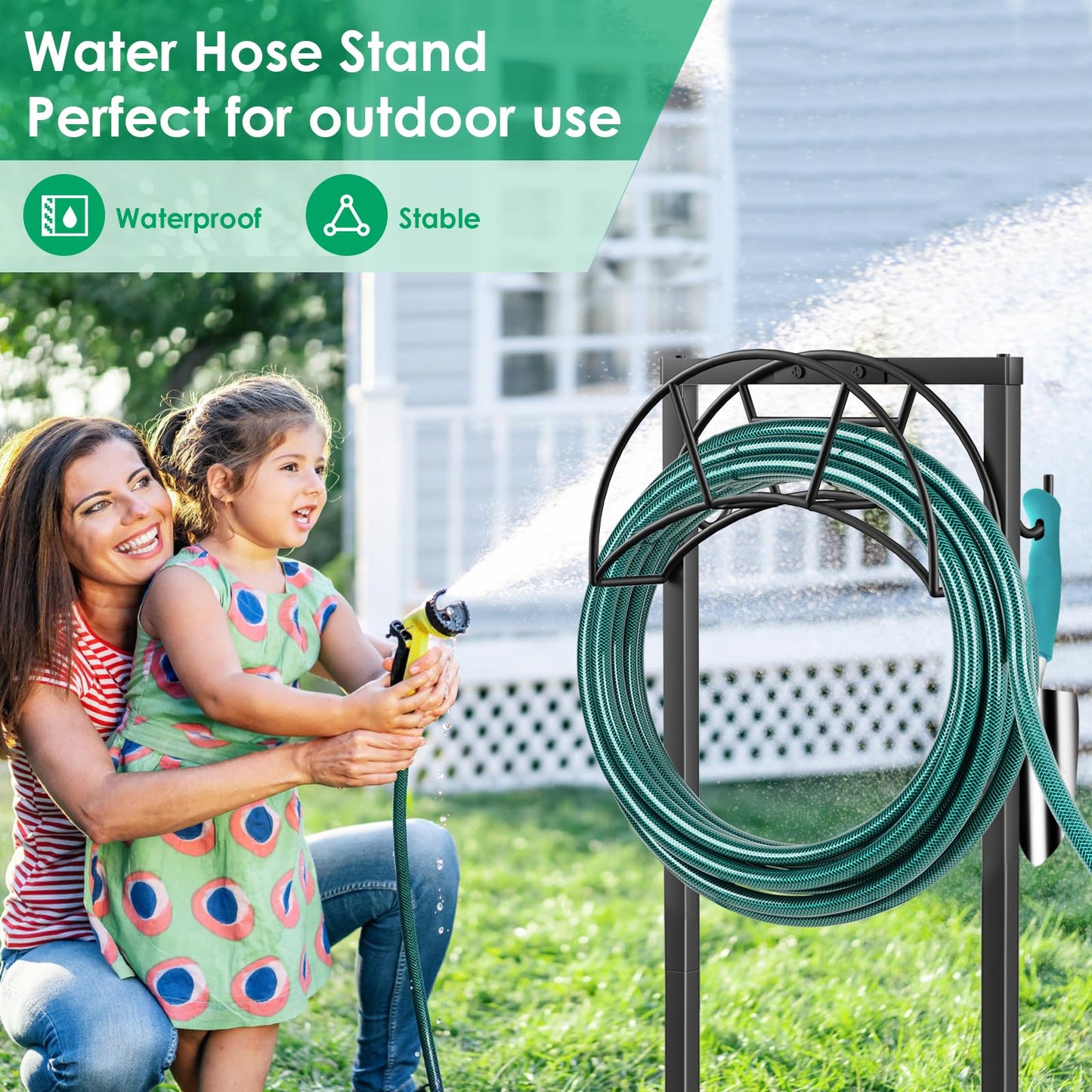 TomCare Garden Hose Holder 4 Spikes Garden Hose Reel Hose Stand Upgraded Water Hose Storage with Tool Hooks Garden Hose Hanger Organizer Holds 160ft Hoses for Outside Yard Lawn, Black