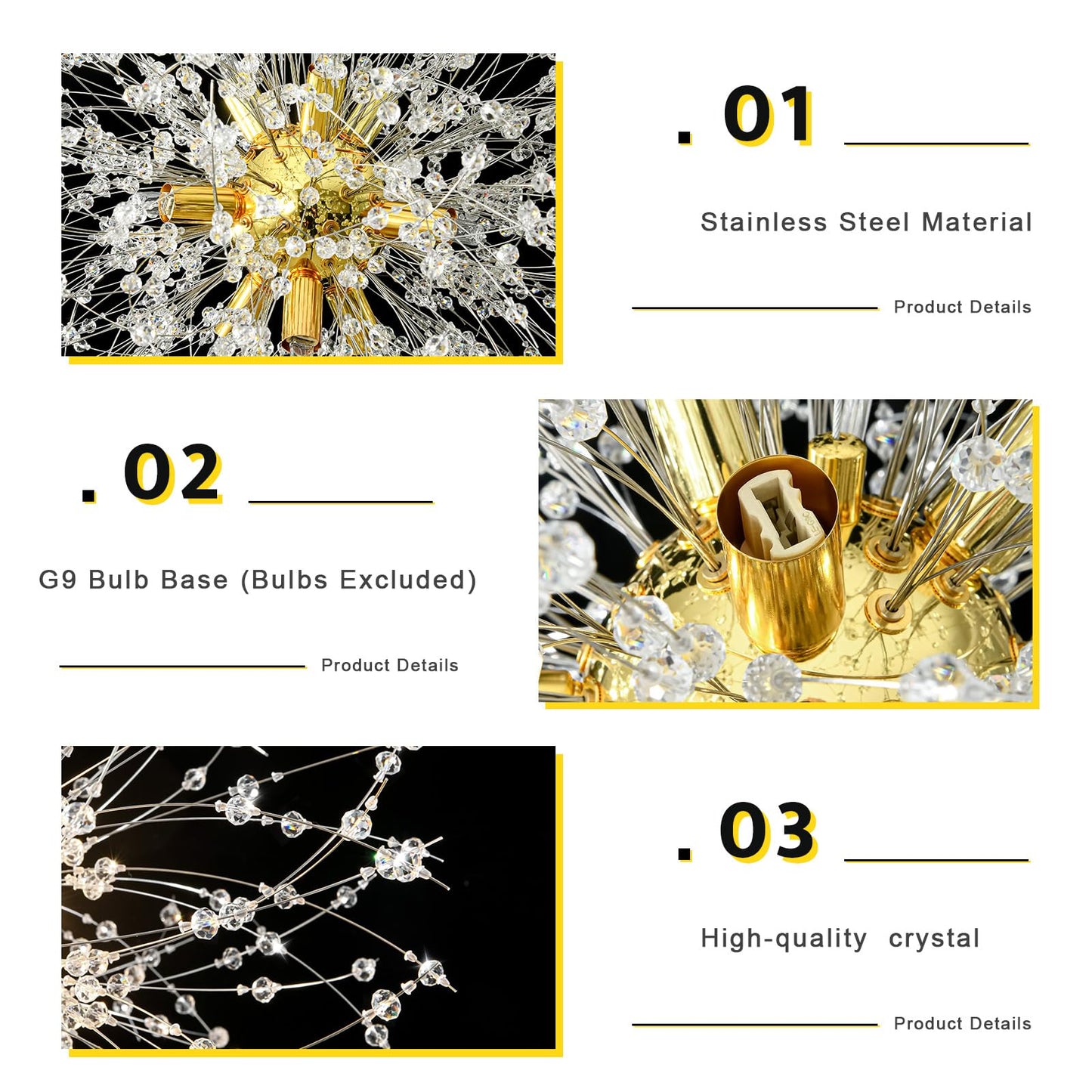 Qamra Modern Gold Crystal Chandeliers, Firework Dandelion Sputnik Chandelier Light Fixture Pendant Lighting for Dining Room, Bedroom, Kitchen, Living Room(9-Light, Gold)