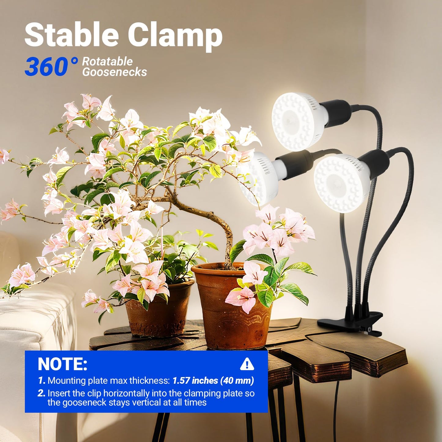 Barrina Orbgrow OG11A3 Clip On Grow Lights for Indoor Plants, Integrated Stepless Dimming & Timing, 4000K 33W(3 x 11W, 300 Watt Equiv), Full Spectrum 3-Gooseneck with E26 Plant Light Bulbs