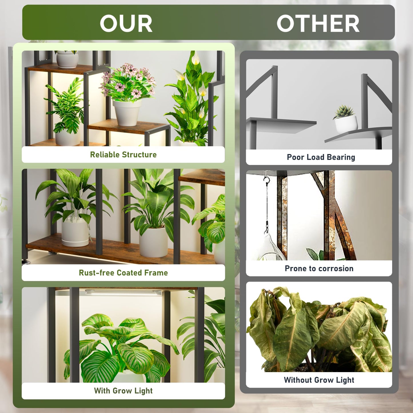 CODACE Plant Stand Indoor with Grow Light - 71 Inches Tall Plant Shelf, 8 Tiered Large Metal Plant Stand, Square Flower Stand Display Rack for Living Room, Balcony, Patio, Garden