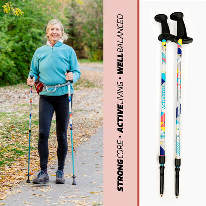 Urban Poling ACTIVATOR® MODA with Snow & Trekking Baskets, Silver with Blue, Green, & Yellow, 1 Pair – For Users 4'2"–6' – Lightweight, Aluminum Nordic Walking Sticks – Collapsible & Adjustable Hiking