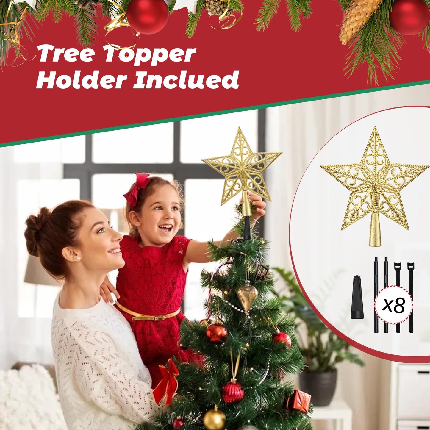 Christmas Tree Topper, 7.5 Inch Gold Star Tree Topper with Topper Stabilizer Supporter, Xmas Star Treetop Toppers Christmas Trees Decorations Ornaments for Holiday Home Decor