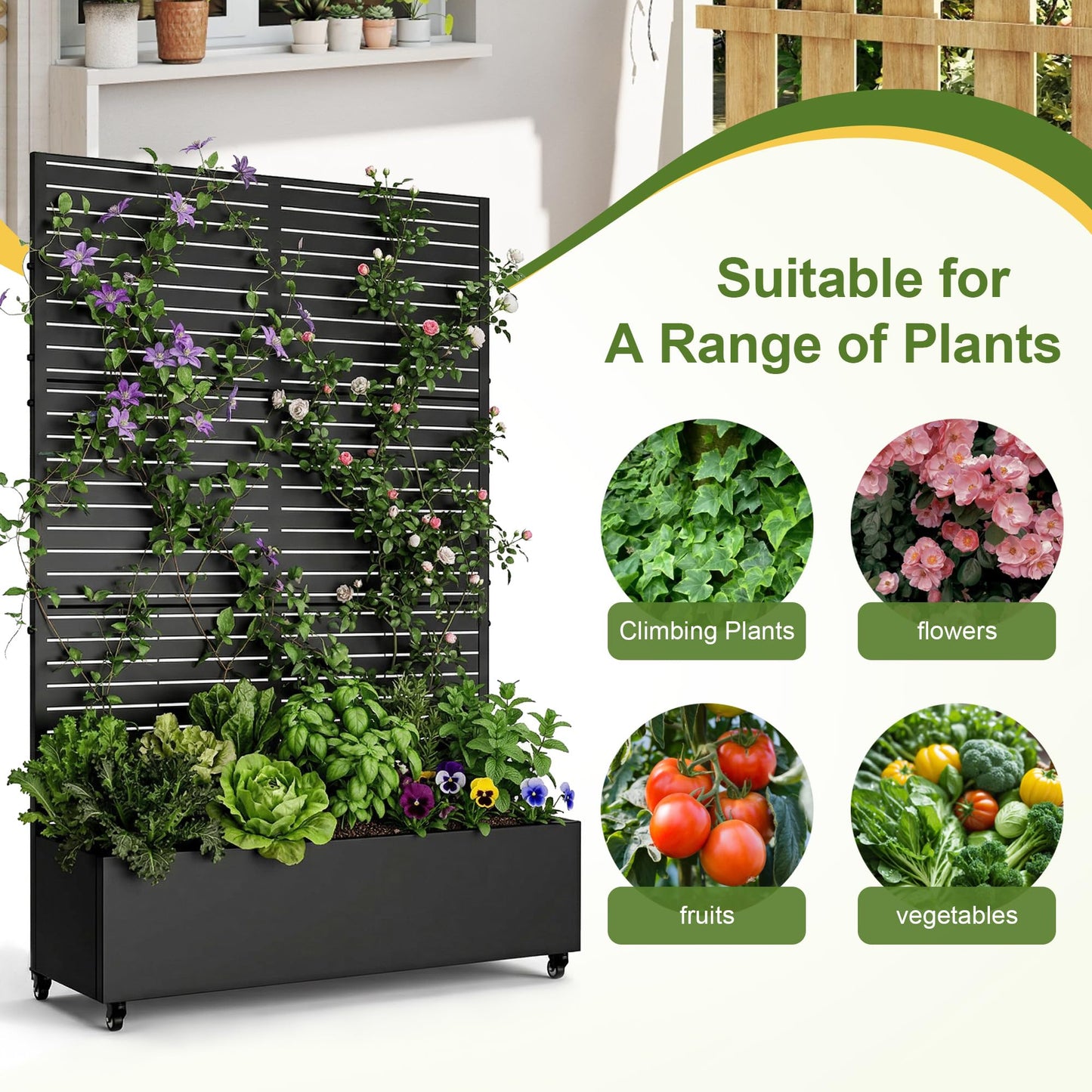 Casaphoria Metal Raised Garden Bed with Trellis and Wheels, 72"x47"x16" Planter Box for Climbing Plants, Vegetables & Vines, Features Drainage Holes and Privacy Screen (Black-Louvered)