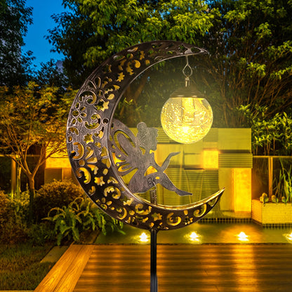 Solar Garden Lights Outdoor Decor,Moon Fairy Crackle Glass Lights,Waterproof Warm White LED Metal Stake Ornament,for Walkway Backyard Patio Lawn Pathway Decorations-Unique Gift Ideas for Gardening