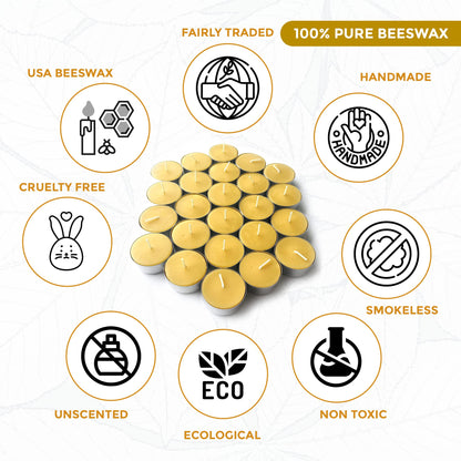 Pure Beeswax Tealights - Unscented Smokeless & Clean Burning Non-Toxic Tea Lights with Light & Natural Honey Scent, 4-Hour Burn Time, 1.5 x 0.5-Inch Handmade Candles, 48-Pack, by BeeTheLight