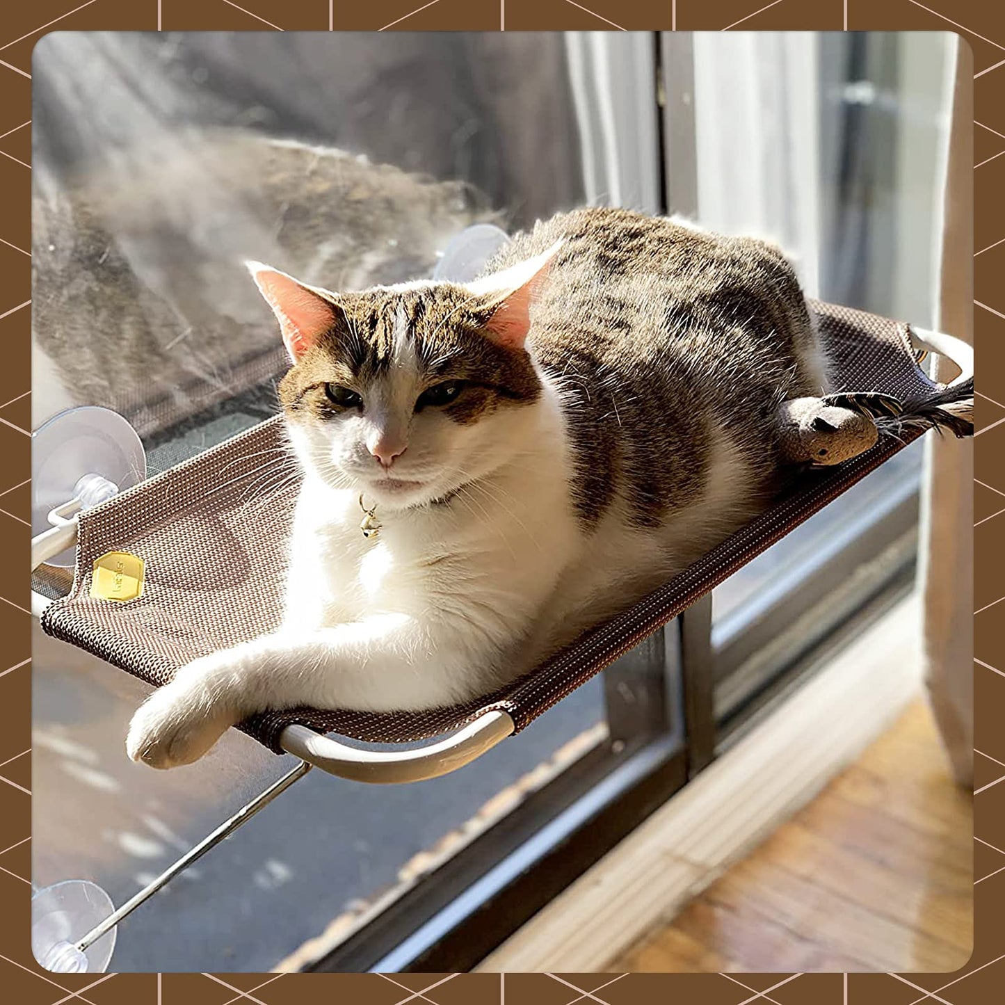 LSAIFATER All Around 360° Sunbath and Lower Support Safety Iron Cat Window Perch, Cat Hammock Window Seat for Any Cats (L, Brown)