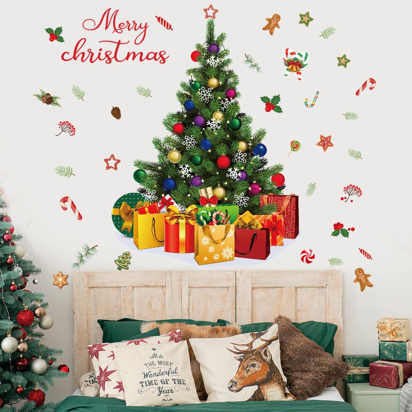 Amtoodopin Large Christmas Tree Wall Decals Xmas Pine Tree Wall Stickers Merry Christmas Quote Window Clings Peel and Stick Removable Vinyl DIY Wall Art for Nusery Playroom Bedroom