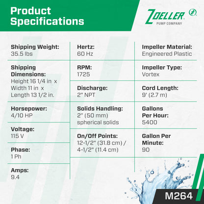 Zoeller M264 Waste-Mate Sewage Pump, 4/10th Horsepower, 115V