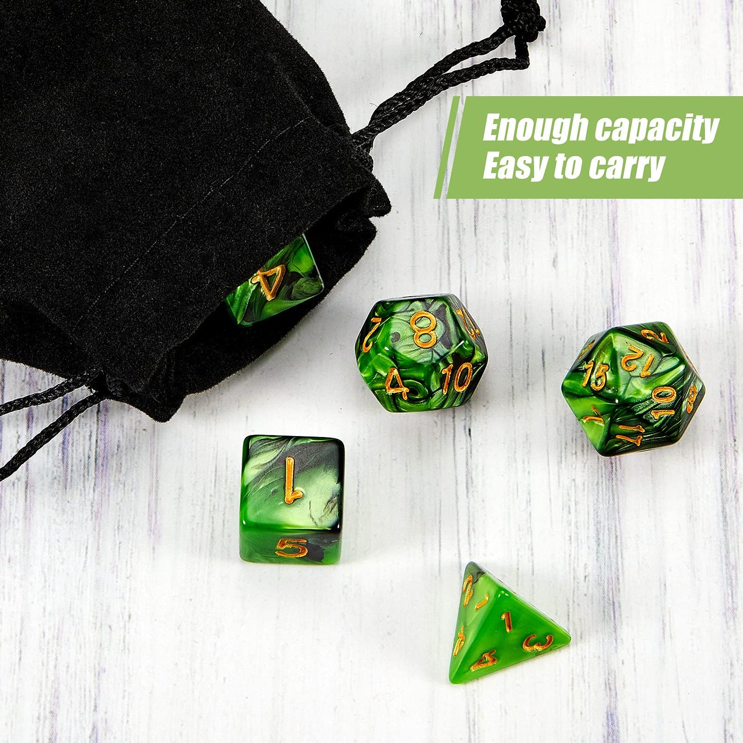 Skylety 2 Set Polyhedral Dice Set - 22 Pieces, Multisided Dice Set Smooth Touch with Drawstring Bag Compatible with RPG MTG Table Game(Green, Black)